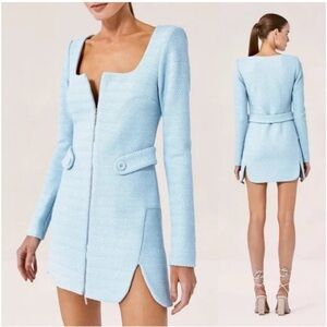 ALEXIS Elvire Structured Textured Long Sleeve Cotton Blend Mini Dress Light Blue